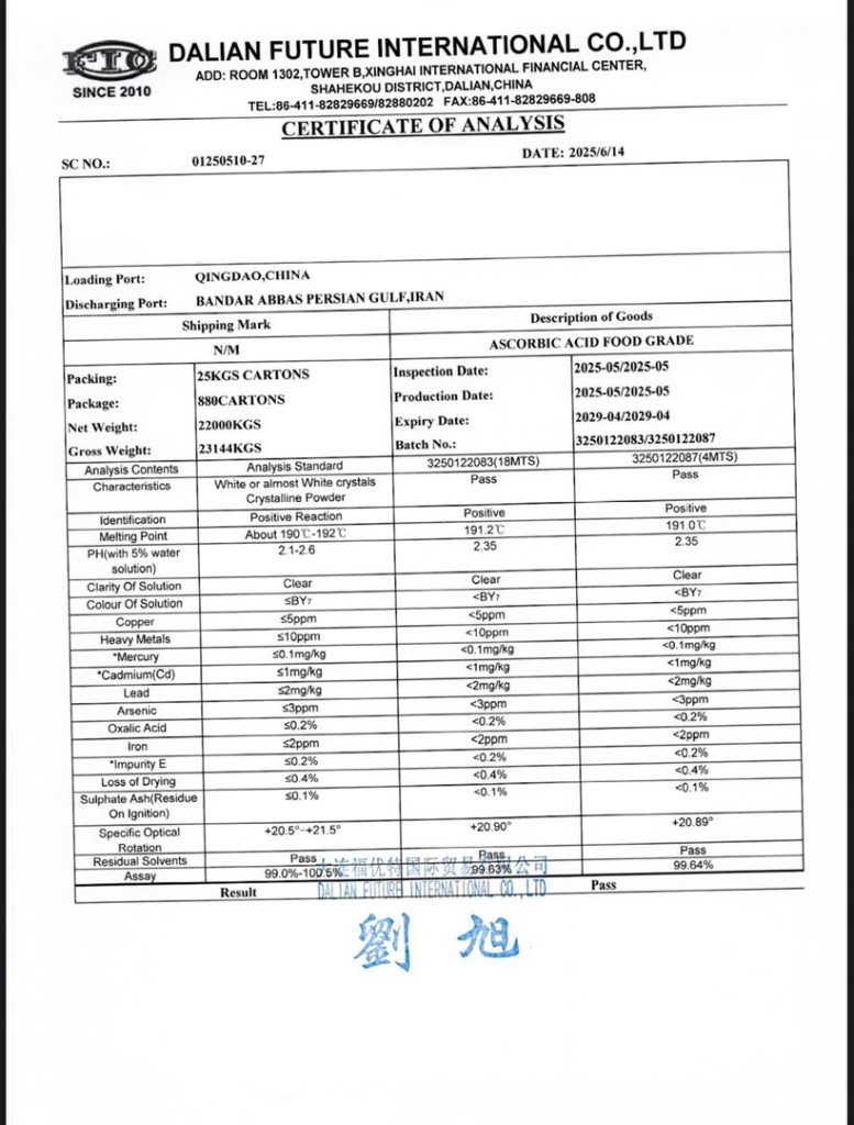 آنالیز اسید آسکوربیک اف آی سی fic
